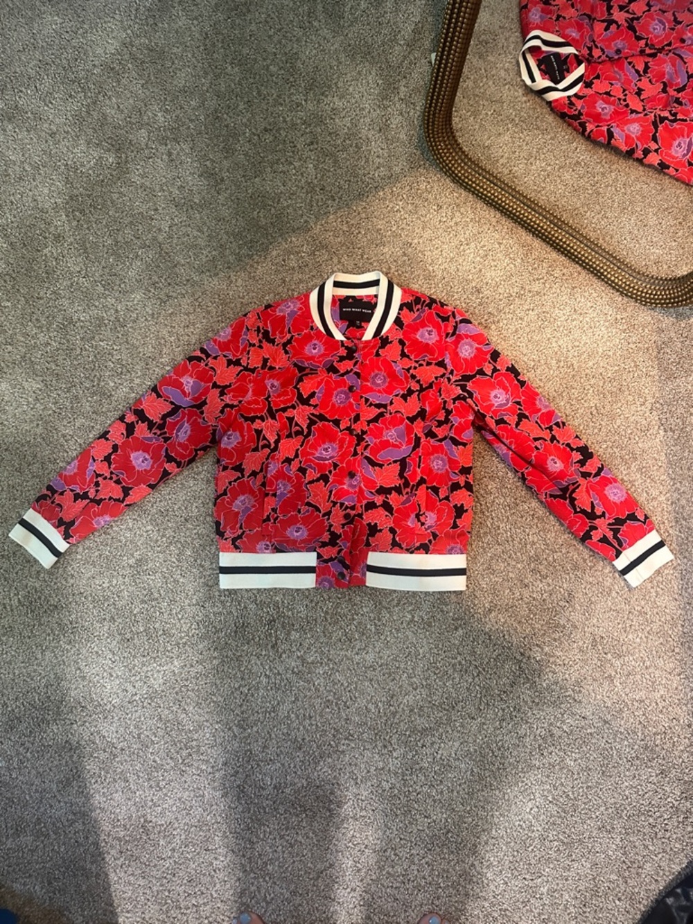 Who What Wear Red Floral Bomber with Black & White Trim